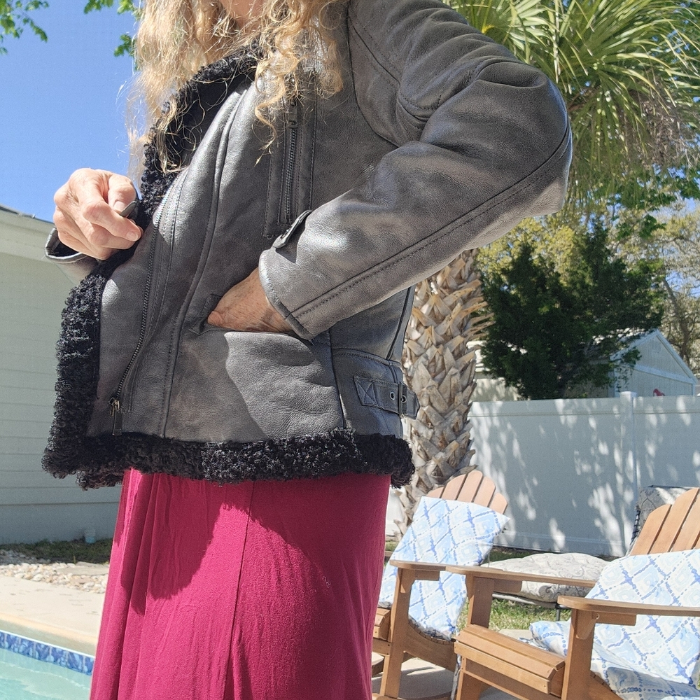 Grey Leather MOTO B. Coature Jacket Black Shearling Lining Size S Fits Like Med